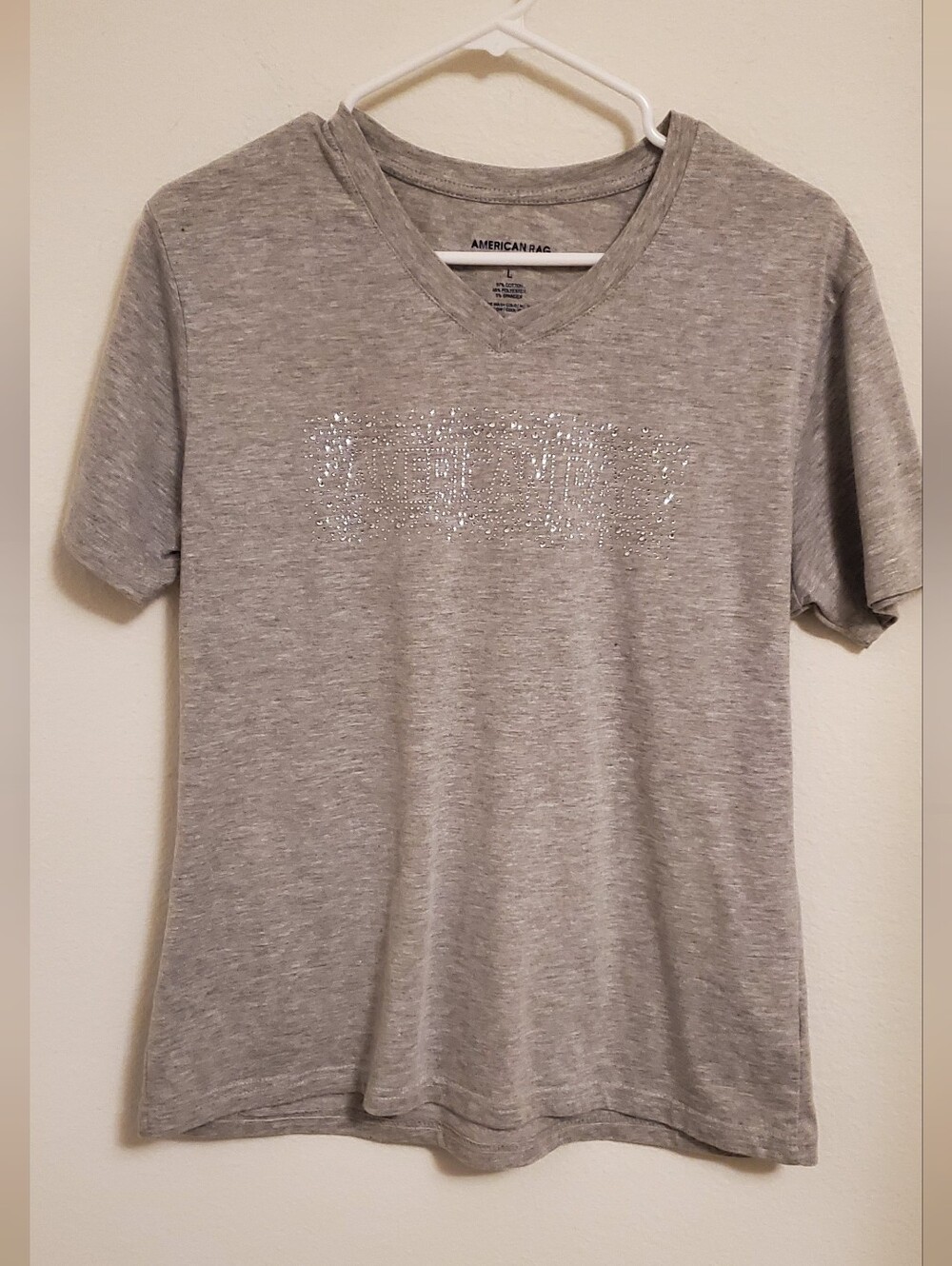 American Rag Gray V-Neck Short Sleeve Tee with Rhinestone Detail Y2K Style